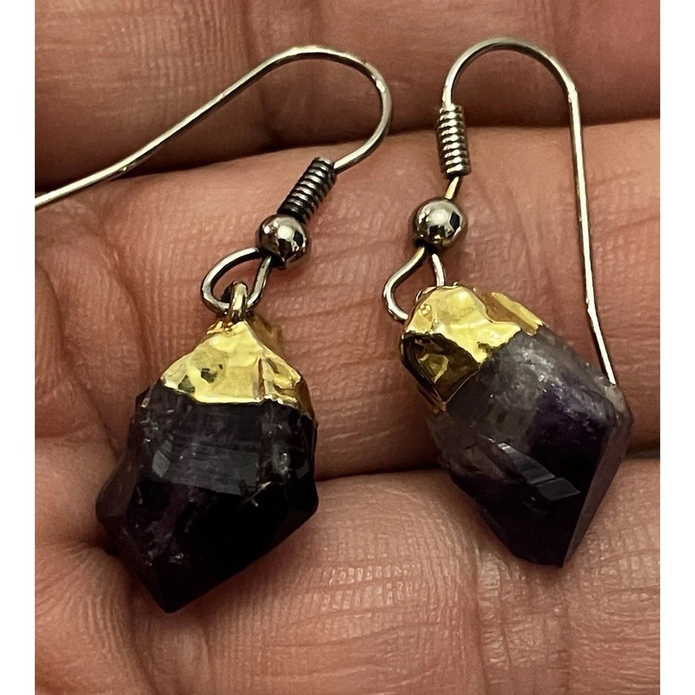 Purple Amethyst Crystal Gemstone Gold Tone Dangle Earrings February Birthstone